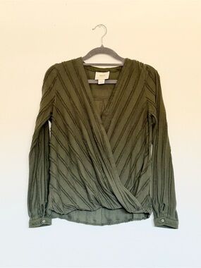 Maeve Anthropologie Long Sleeve Wrap Top Olive Green Khaki XS